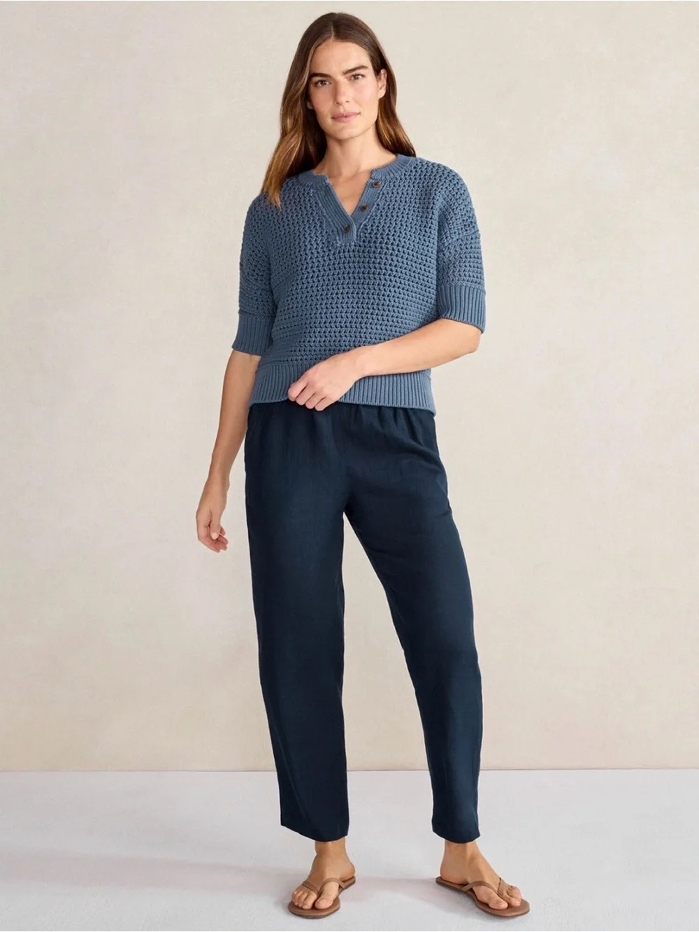 Haven Well Within Blue Knot Stitch Short Sleeve Henley Sweater M